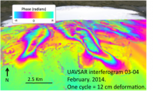 Example browse interferogram with 24-hour separation showing high quality deformation signatures on the glaciers.